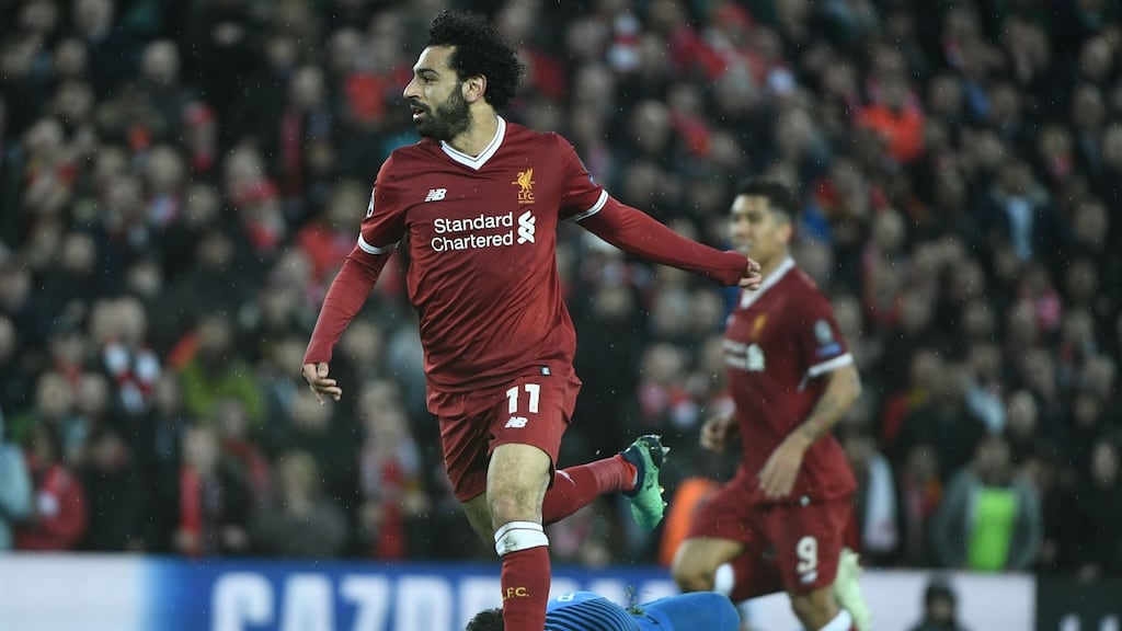 Liverpool’s Mo Salah scores against Roma during the Champions League semi-final first leg. RTÉ has lost the rights to broadcast the final on May 26th. Photograph: Filippo Monteforte/AFP/Getty Images