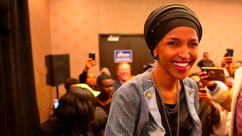 Ilhan Omar arrives for her victory party in Minneapolis. Photograph: Getty Images