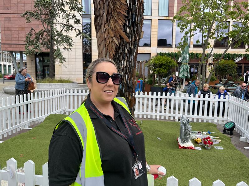 Tanya Brown, the mother of murdered Sunderland teenager Connor Brown, at the Knife Angel sculpture. Photograph: Mark Paul