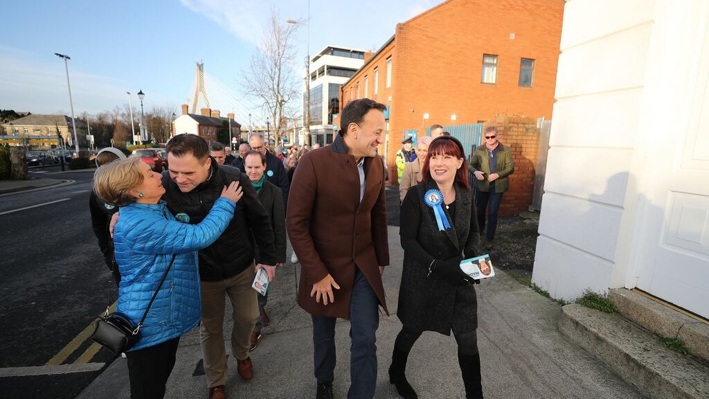 Taoiseach Leo Varadkar canvassing in Dundrum with party colleagues Josepha Madigan and Neale Richmond. Photograph: Nick Bradshaw/The Irish Times.