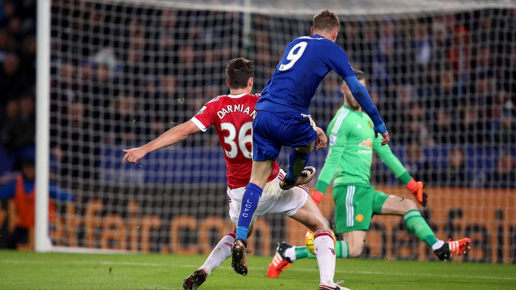 Leicester City’s Jamie Vardy scores the record breaking goal at the King Power Stadium Photograph: Mike Egerton/PA Wire