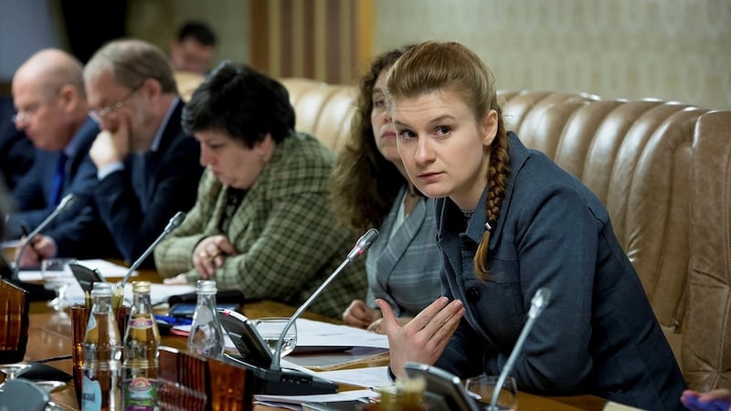Mariia Butina at a meeting of a group of experts, affiliated to the government of Russia, in this undated handout photo obtained by Reuters.