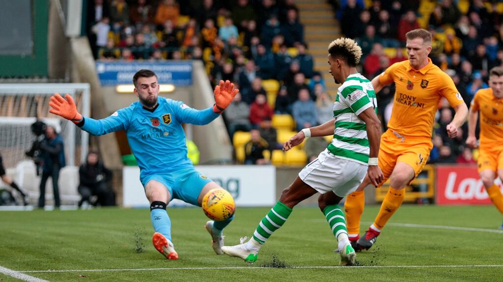 Scott Sinclair sees a shot saved by Livingston goalkeeper Liam Kelly during Celtic’s goalless draw. Photograph: Graham Stuart/PA