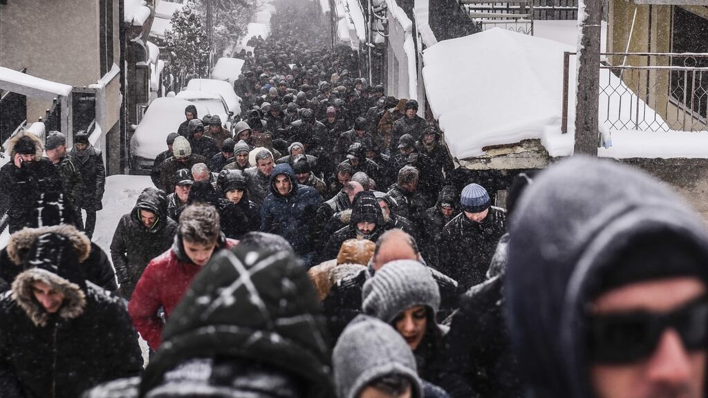 Kosovo Albanians protest after a former prime minister was arrested in France on an international arrest warrant filed by Serbia. Photograph: Armend Nimani/AFP/Getty Images