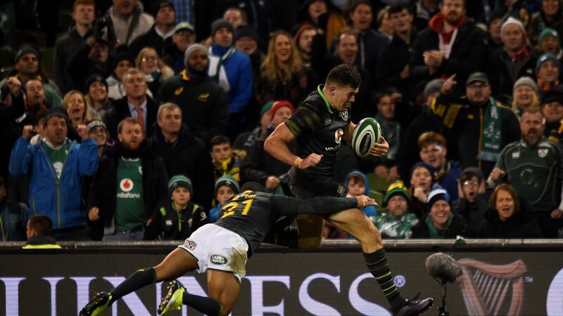 Jacob Stockdale scores Ireland’s fourth try. Photograph: Clodagh Kilcoyne/Reuters