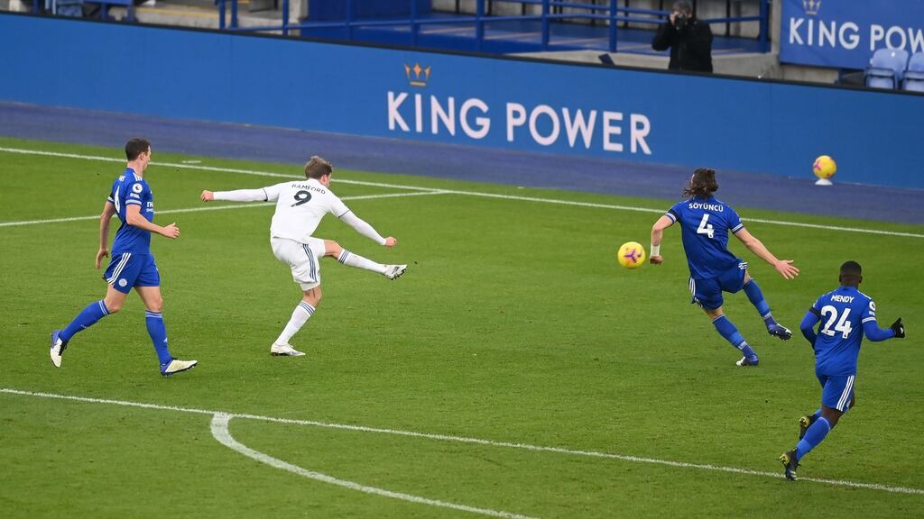 Leeds United’s Patrick Bamford scores against Leeds at the King Power Stadium. Photograph: PA