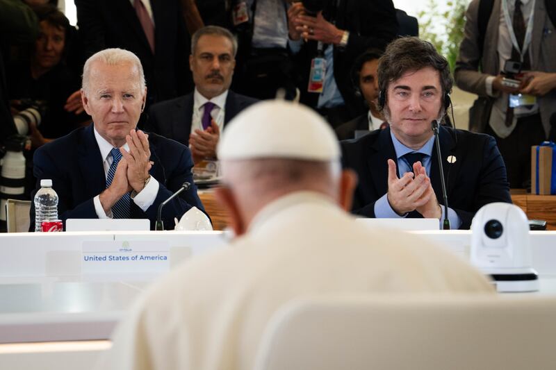 Pope Francis is applauded by US president Joe Biden and Javier Milei, president of Argentina, at the G7 Summit in Italy last year. Photograph: Erin Schaff/New York Times