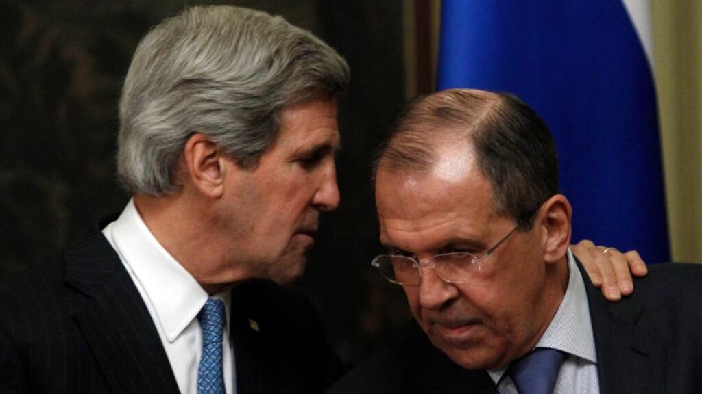 US secretary of state John Kerry speaks to Russian foreign minister Sergei Lavrov during a joint news conference after their meeting in Moscow yesterday. Photograph: Reuters/Sergei Karpukhin