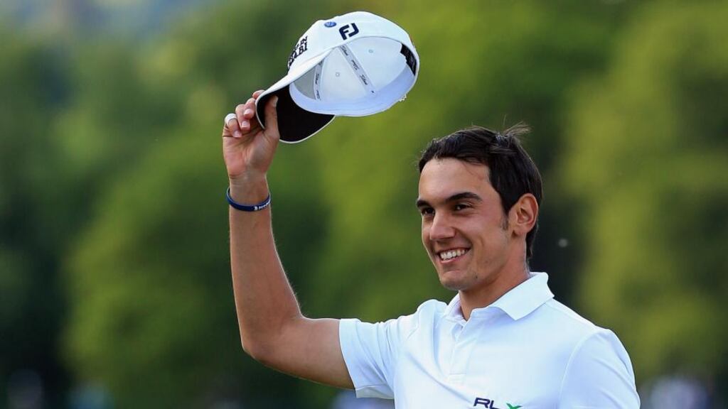 Italy’s Matteo Manassero celebrates victory after the fourth play-off hole during the final round of the BMW PGA Championship on the West Course at Wentworth yesterday. Photograph: Getty Images