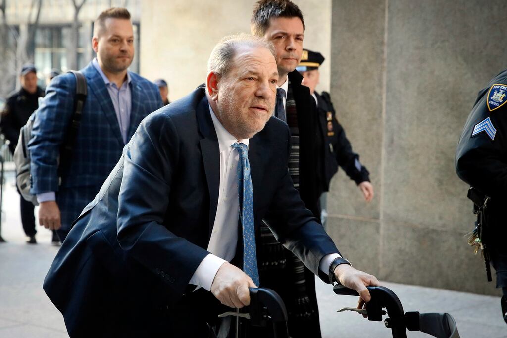 Harvey Weinstein arrives at a Manhattan courthouse in 2020. His rape conviction from that time was thrown out on legal technicalities last week. Photograph: John Minchillo/AP