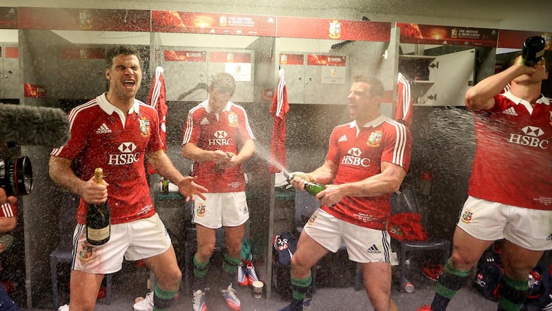 Mike Phillips, Jonathan Sexon and Tommy Bowe celebrate after the third Test against Australia in Sydney in 2013. Photograph: Billy Stickland/Inpho