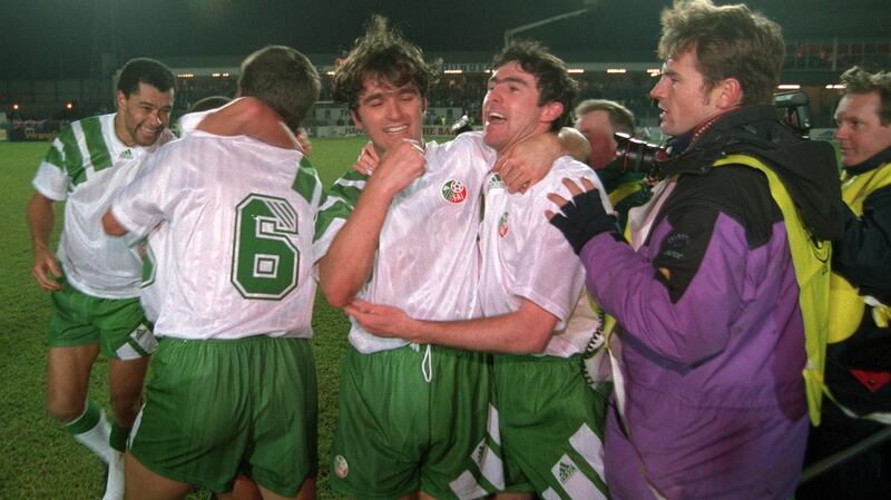 Eddie McGoldrick celebrates with Alan McLoughlin in Belfast in 1993. Photograph: Billy Stickland/Inpho