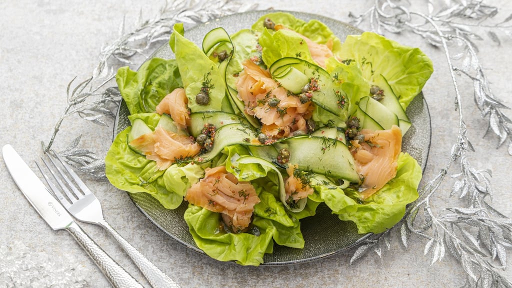 Tasty starter: Goatsbridge smoked trout, butterhead lettuce, clementine and trout roe dressing. Photograph: Harry Weir photography