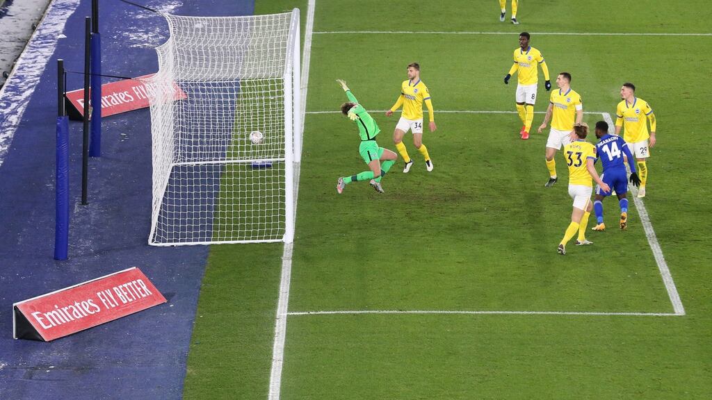 Kelechi Iheanacho scores  Leicester City’s late winner in the FA Cup fifth-round tie against Brighton  at the King Power Stadium. Photograph:  Alex Pantling/Getty Images