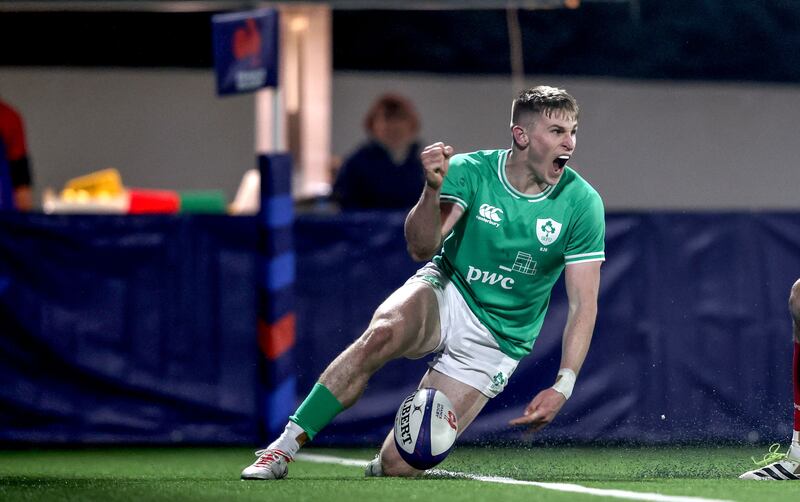 Ireland's Finn Treacy celebrates after scoring a try. Photograph: Dan Sheridan/Inpho