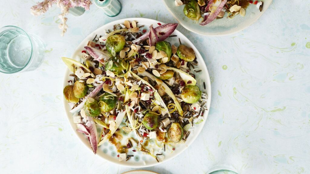 Ching-He Huang’s glazed sprout salad with wild rice and chicory