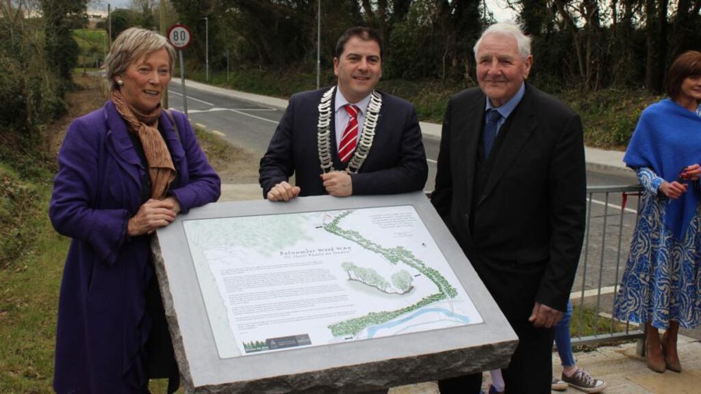 Environmentalist Eanna Ni Lamhna, Louth County Council chairman Liam Reilly and Dick Cheevers of Tullyallen, who donated part of his land to the walkway, at the opening of the walkway in  the village of Tullyallen, Co Louth. Photograph: Martin Byrne