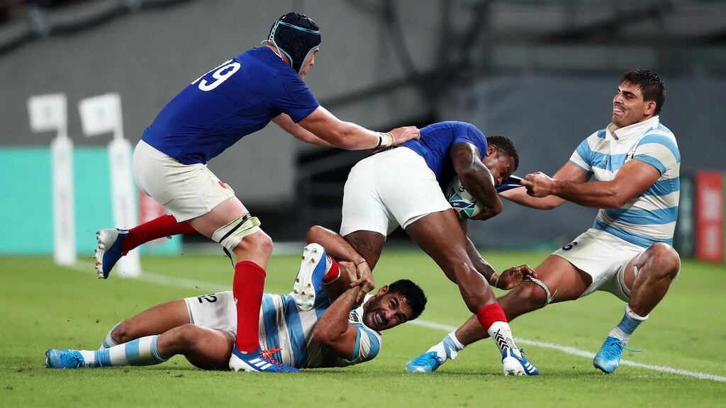 Gael Fickou of France is tackled during the Pool C game between France and Argentina in Tokyo. Photo: Cameron Spencer/Getty Images
