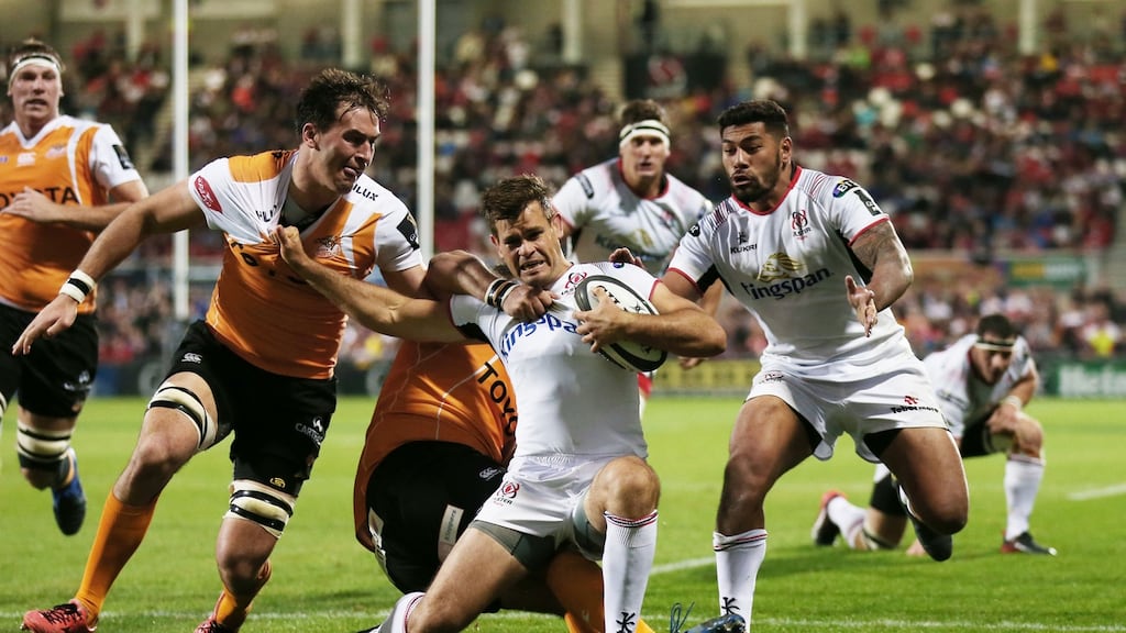 Louis Ludik crosses for Ulster during their opening Pro 14 win against the Cheetahs. Photograph: Darren Kidd/Inpho