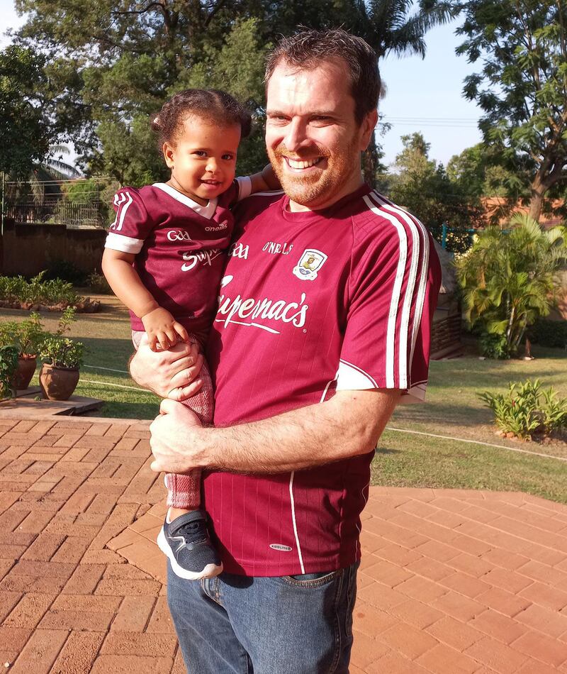 John Walsh with his daughter Kathleen (2) wearing the Galway colours.