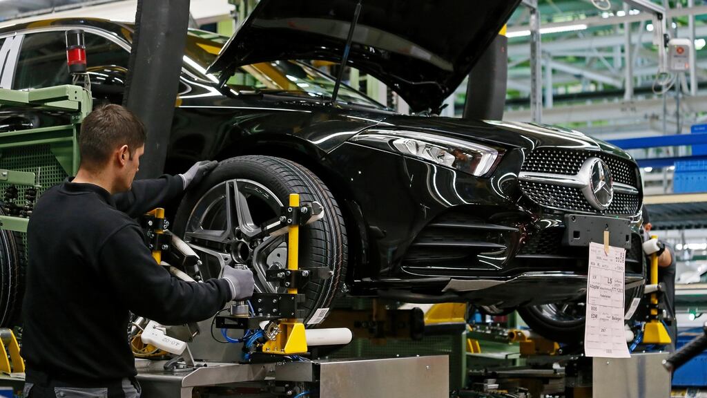 A view of the production of wheels of ‘A-Class’ Mercedes Benz cars at an assembly line at the car manufacturer Daimler in Rastatt, Germany. Photograph: Ronald Wittek/EPA