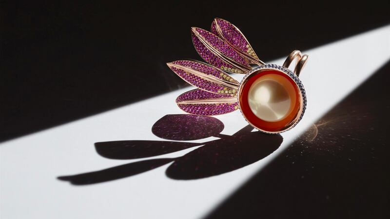 Seed Takes Flight - golden south sea pearl with 931 individually set gemstones - sapphires, yellow diamonds, rubies and tsavorite garnets.