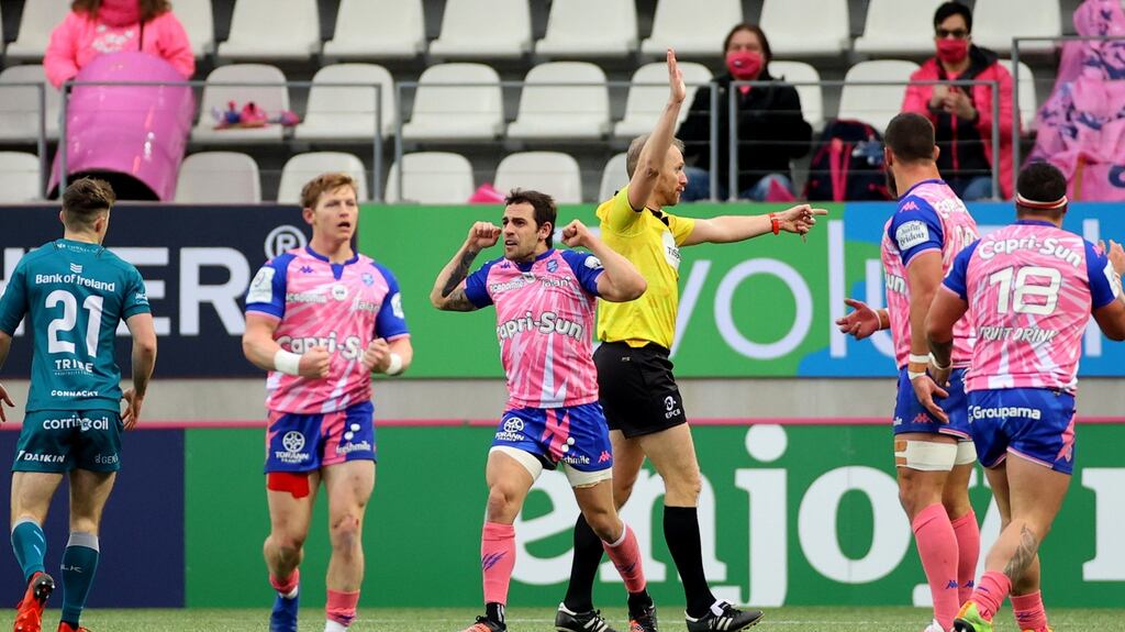 Nicolás Sánchez celebrates winning a late penalty against Connacht in their Heineken Champions Cup Round 4 game at Stade Jean-Bouin, Paris, on Sunday. Photograph: James Crombie/Inpho