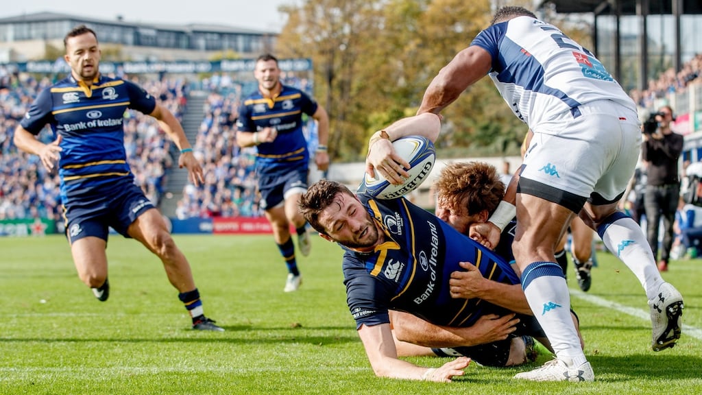 Barry Daly scores Leinster’s fourth try in the Champions Cup victory over Montpellier at the RDS. Photograph: James Crombie/Inpho