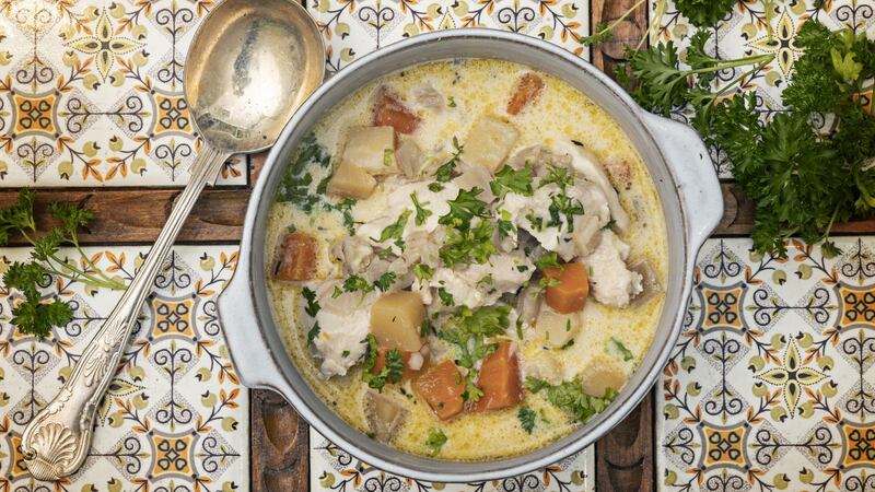 Chicken, root vegetable and barley stew with cider and ginger cream. Photograph: Harry Weir