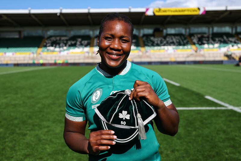 Ireland's Linda Djougang celebrates with her 50th cap after the game. Photograph: Ben Brady/Inpho