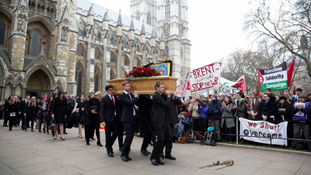 Tony Benn’s coffin is carried out of St Margaret’s Church in Westminster after his funeral in London yesterday. Photograph: Neil Hall/Reuters