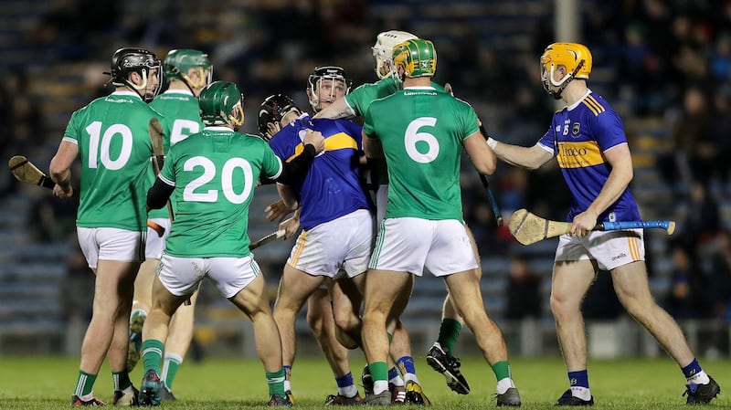 Tempers flare during Limerick’s Allianz League win over Tipp. Photograph: Laszlo Geczo/Inpho