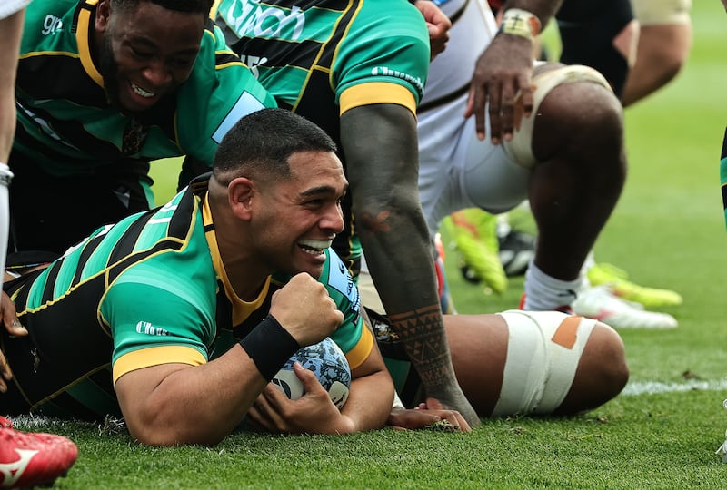 Sam Matavesi of Northampton Saints celebrates after scoring their eighth try against Gloucester in the Gallagher Premiership clash at Franklin's Gardens. Photograph: David Rogers/Getty Images