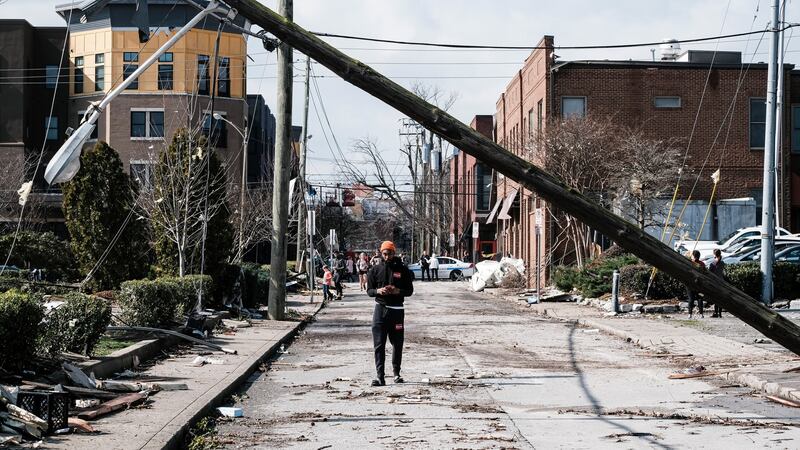 A path of damage swept through several neighborhoods after a tornado struck Nashville, Tennessee on Tuesday. Photograph: Rick Musacchio/EPA.