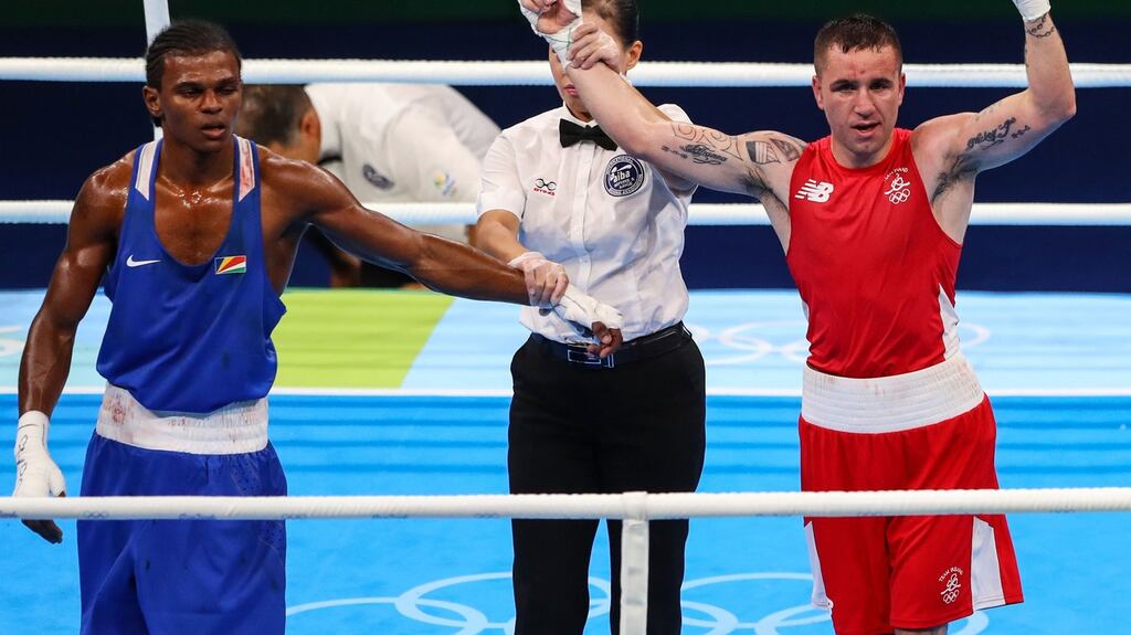 Ireland’s David Oliver Joyce is declared the winner of his Men’s Boxing Round of 32 Light 60kg preliminary bout at the 2016 Rio Olympic Games. Photo: James Crombie/Inpho