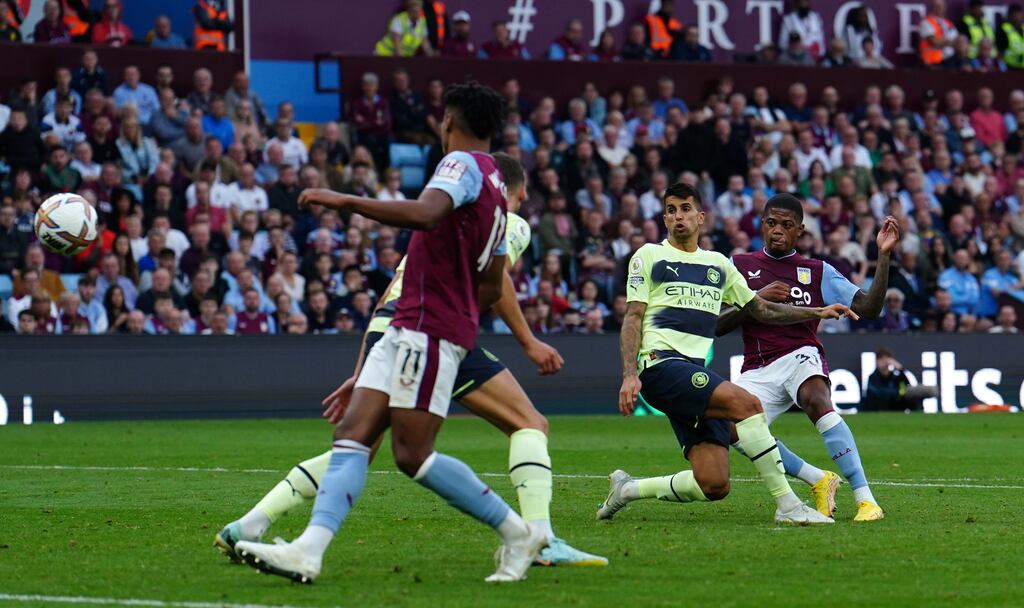 Aston Villa's Leon Bailey scores his side's equaliser during the Premier League match against Manchester City at Villa Park. Photograph: Martin Rickett/PA Wire