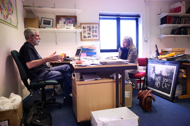 Sinn Féin's Gerry Adams being interviewed at the party's offices on the Falls Road, Belfast by Irish Times Northern Editor Freya McClements. Photograph: Stephen Davison/Pacemaker