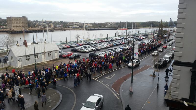 Demonstrators march through Waterford to call for a permanent second cath lab for the region. Photograph: Claire Quinn