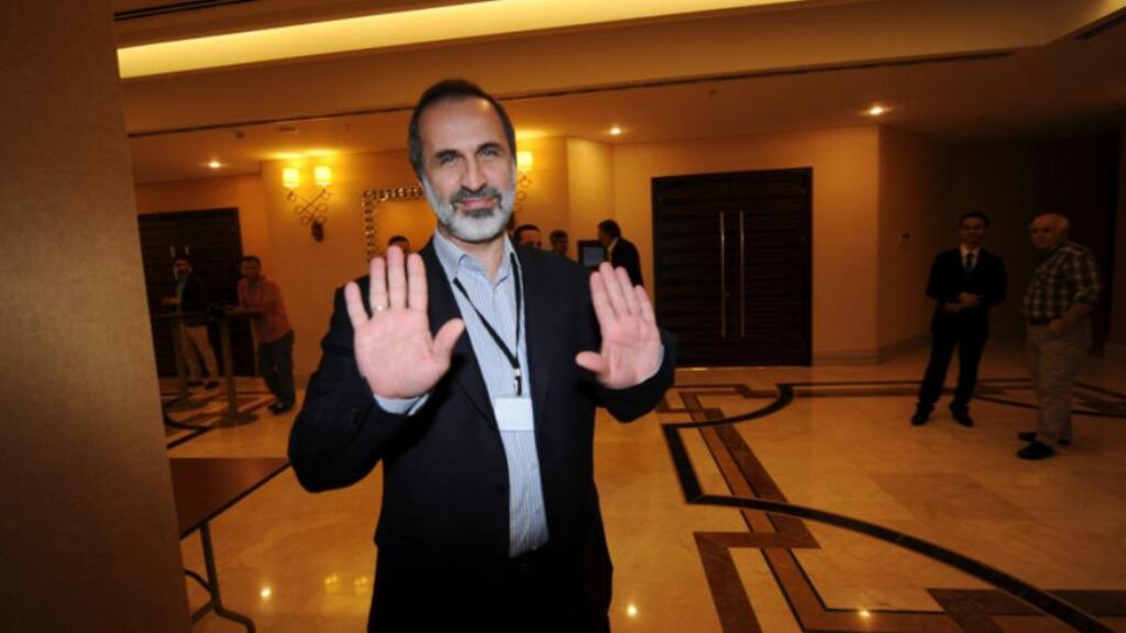 Former leader of the Syrian National Coalition Moaz al-Khatib arrives for a meeting in Istanbul . Photograph: Bulent Kilic/Pool/Reuters