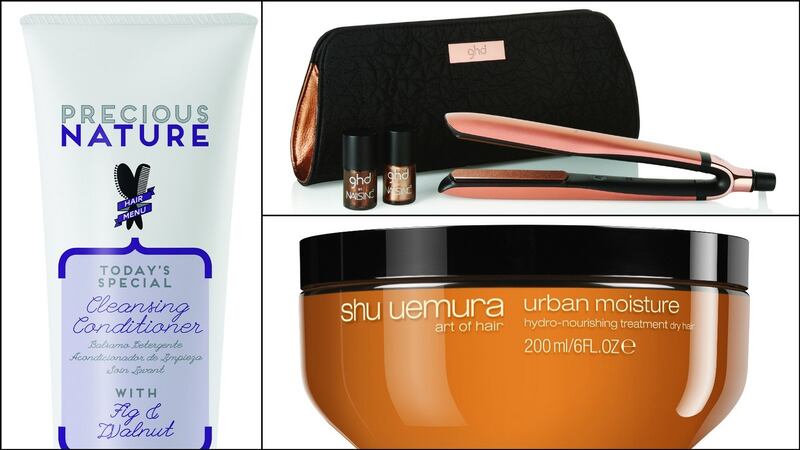 Alfaparf Milano Precious Nature Cleansing Conditioner (€12.50); Shu Uemura Art of Hair Urban Moisture Hydro-Nourishing Treatment for Dry Hair (€52); ghd Platinum Styler Premium Gift Set (€225)