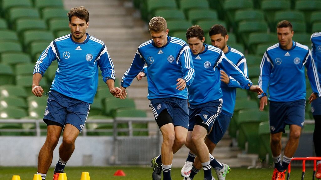 Germany’s Mats Hummels leads a training session at the Aviva. Photograph: Andrew Couldridge/Reuters