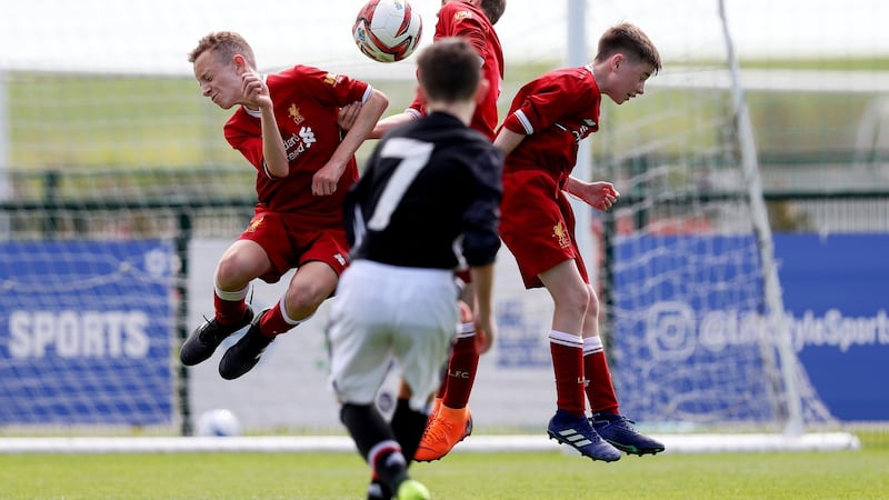 8Manchester United’s Charlie Veevers scores a free kick against Liverpool. Photograph: Tommy Dickson/Inpho