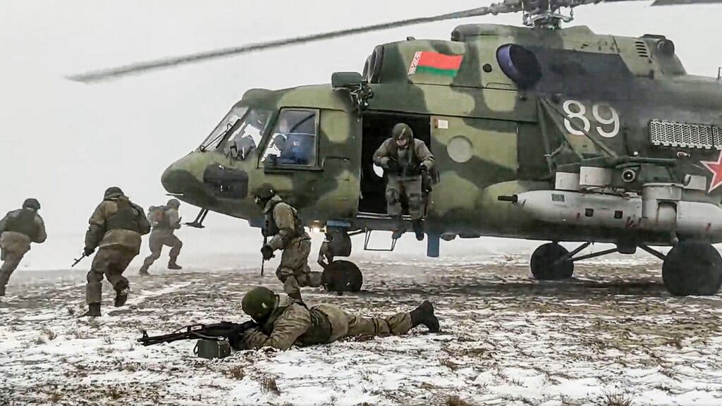 Russian soldiers take part in the Belarusian and Russian joint military drills at Brestsky firing range in Belarus last week. Photograph: Russian Defense Ministry Press Service via AP