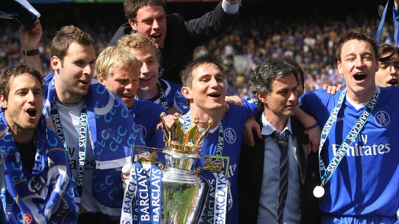 Chelsea players and manager José Mourinho celebrate the club’s first league title success in 50 years in May 2005. Photograph: Francis Glibbery/Chelsea FC via Getty Images