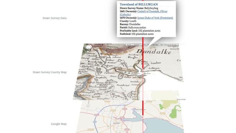 Screengrab from the TCD Down Survey website which went live on Monday, showing how maps from different periods can be overlaid