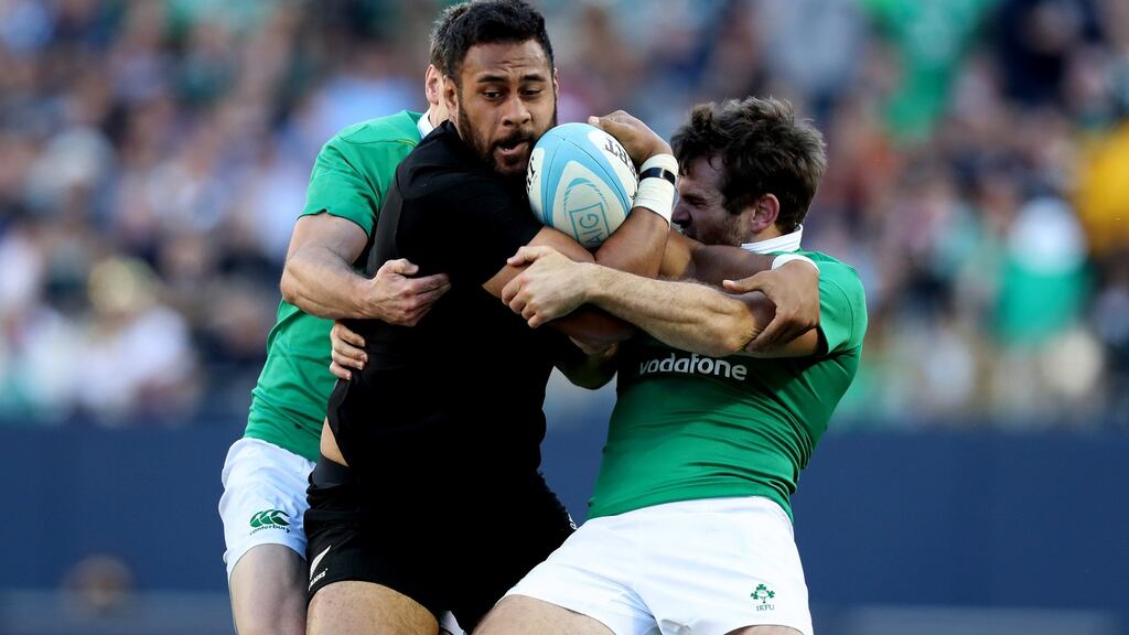 All Blacks’s Patrick Tuipulotu is tackled by Ireland’s Jared Payne in Chicago last November. Photograph: Billy Stickland/Inpho