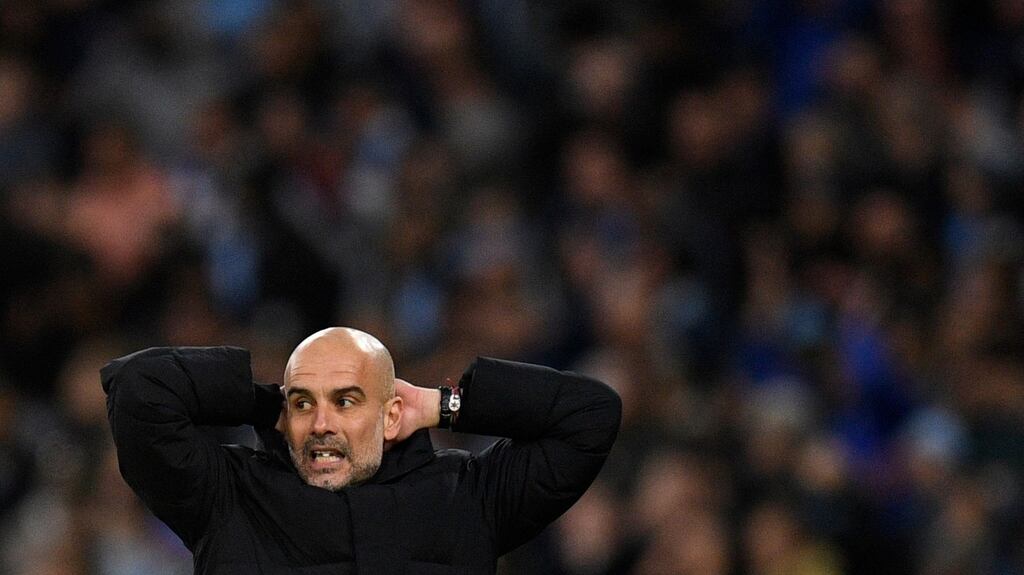 Manchester City’s manager Pep Guardiola reacts during the Uefa Champions League semi-final first leg match between Manchester City and Real Madrid, at the Etihad Stadium on Tuesday. Photograph: Oli Scarff/AFP via Getty Images