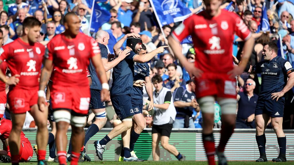 Leinster’s Scott Fardy celebrates his try against Toulouse during their Heineken Champions Cup semi-final at the Aviva Stadium, Dublin. Photograph: ©INPHO/Dan Sheridan