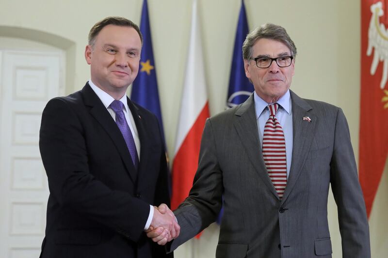 President of the Republic of Poland Andrzej Duda (left) and US Secretary of Energy Rick Perry shake hands before a meeting in the Presidential Palace in Warsaw,  Poland on November  8th Photograph: Pawel Supernak/EPA