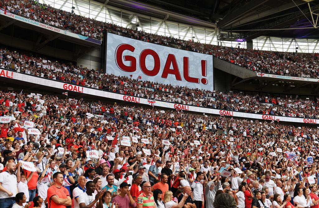 A packed Wembley Stadium celebrates Ella Toone's goal for England in the European Championship final win over Germany. For over for over six decades, English football supporters craved a major football title. In the end it took a a women's team to get them over the line. Photograph: Mike Hewitt/Getty Images